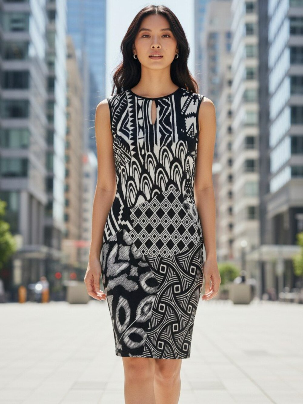 Vintage Cache Black and White Printed Sheath Dress